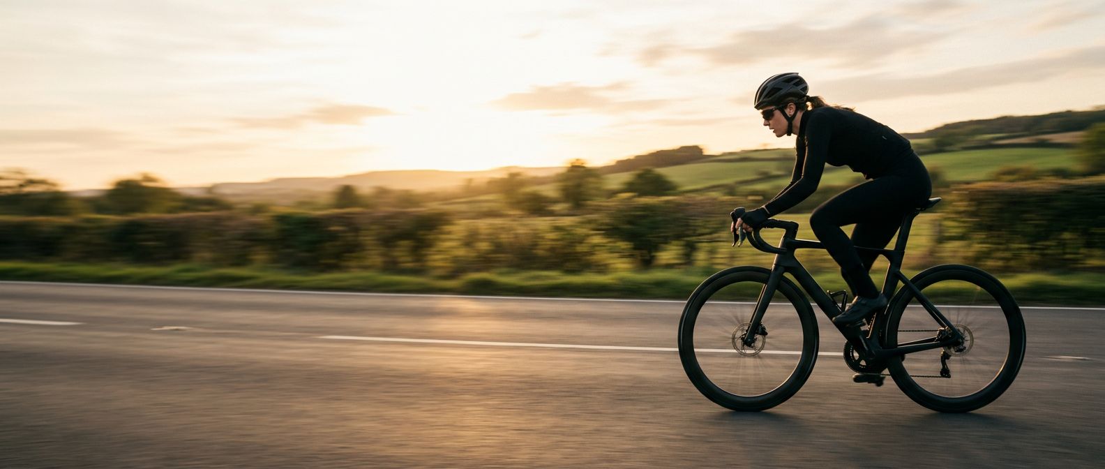 Cyclist on a black carbon road bike on a country road at sunset
